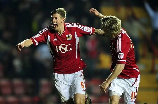 Bristol City Celebrates Goal Against Cardiff City: Jon Stead and Martyn Woolford, Ashton Gate Stadium, 10 March 2012