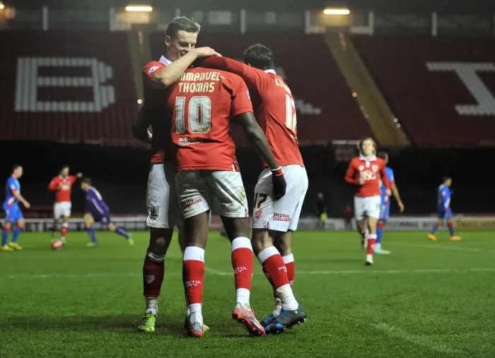 Framed Print : Bristol City Celebrates: Jay Emmanuel-Thomas, Matt Smith, and Jordan Wynter Rejoice in Goal Scoring Moment at Ashton Gate Stadium - FA Cup Third Round Replay vs Doncaster Rovers Framed Print : Bristol City Celebrates: Jay Emmanuel-Thomas, Matt Smith, and Jordan Wynter Rejoice in Goal Scoring Moment at Ashton Gate Stadium - FA Cup Third Round Replay vs Doncaster Rovers