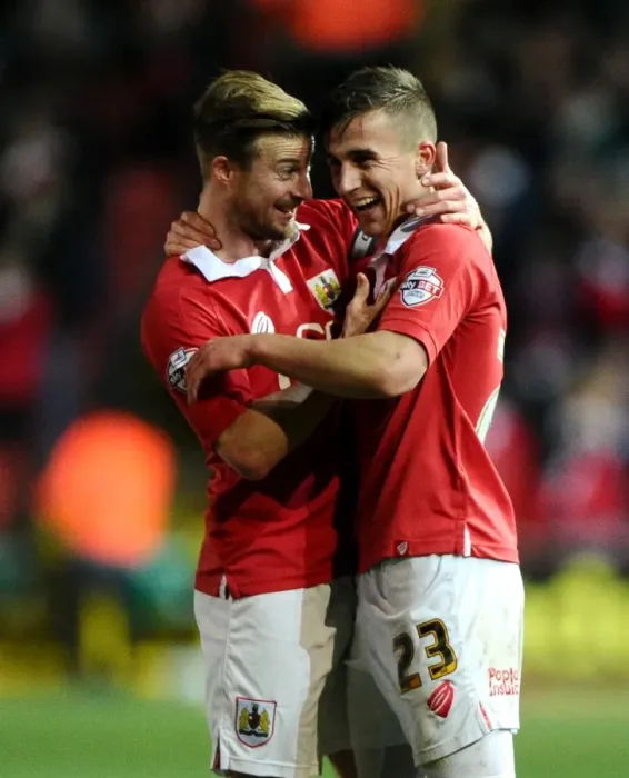 Framed Print : Bristol City Celebrates: Joe Bryan and Wade Elliott's Goal Dance (Bristol City v Port Vale, Sky Bet League One, 10-02-2015)