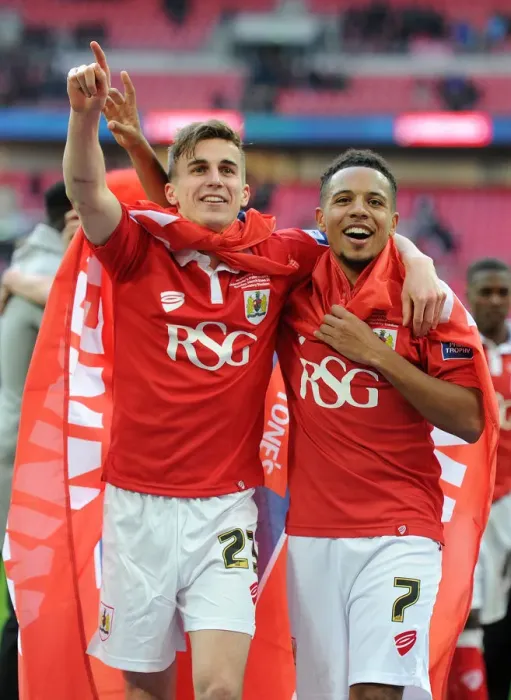 Framed Print : Bristol City Celebrates JPT Victory over Walsall: Joe Bryan and Korey Smith Rejoice after 2-0 Win at Wembley Stadium Framed Print : Bristol City Celebrates JPT Victory over Walsall: Joe Bryan and Korey Smith Rejoice after 2-0 Win at Wembley Stadium