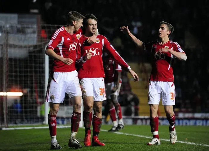 Framed Print : Bristol City Celebrates Victory: Brett Pitman and Team Mates Rejoice After Goal Against Leicester City (Bristol City vs Leicester City, 2012)