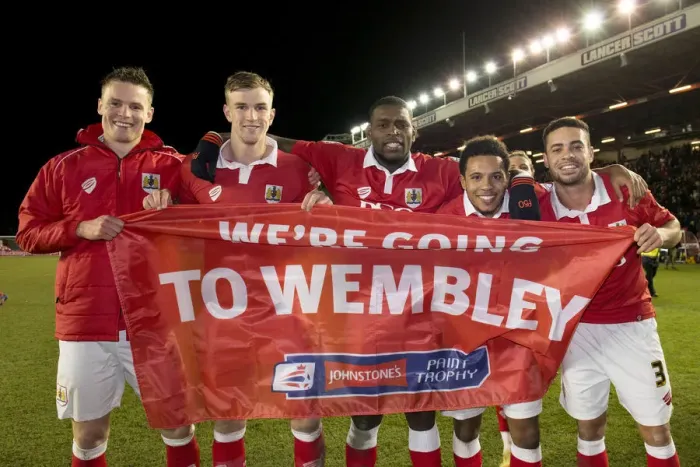 Framed Print : Bristol City Celebrates Wembley Bound: Smith, Flint, Emmanuel-Thomas, Korey Smith, Williams