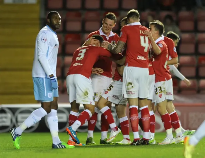Framed Print : Bristol City Celebrates Win: Derrick Williams Scores the Game-winning Goal Against Coventry City at Ashton Gate Stadium