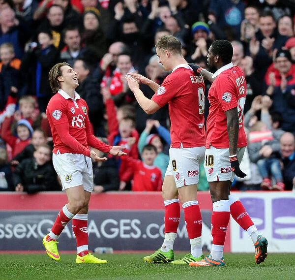 Bristol City Celebrates Win Against Sheffield United: Matt Smith, Luke Freeman, and Jay Emmanuel-Thomas Rejoice on the Field