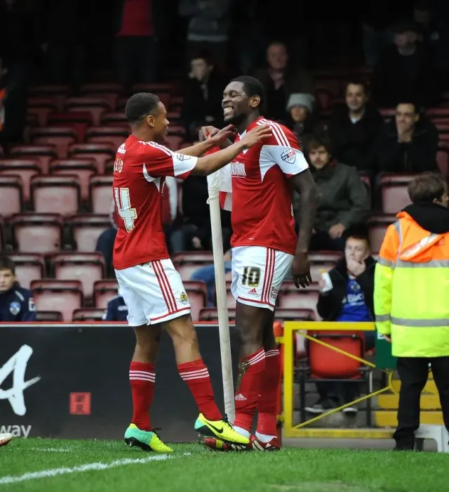 Framed Print : Bristol City Celebration: Jay Emmanuel-Thomas and Bobby Reid Rejoice After Goal vs Oldham Athletic (November 2013) Framed Print : Bristol City Celebration: Jay Emmanuel-Thomas and Bobby Reid Rejoice After Goal vs Oldham Athletic (November 2013)