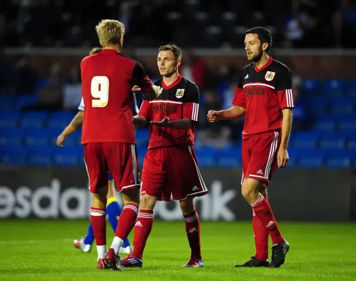 Framed Print : Bristol City Celebration: Anderson, Stead, and Skuse Rejoice in Pre-Season Victory over Kilmarnock Framed Print : Bristol City Celebration: Anderson, Stead, and Skuse Rejoice in Pre-Season Victory over Kilmarnock