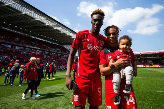 Framed Print : Bristol City Champions: Abraham and Reid Celebrate Promotion to the Premier League