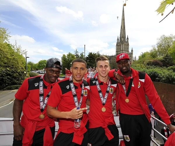 Bristol City Champions: Agard, Tavernier, Bryan, and Emmanuel-Thomas Celebrate on the Bus (May 2015)
