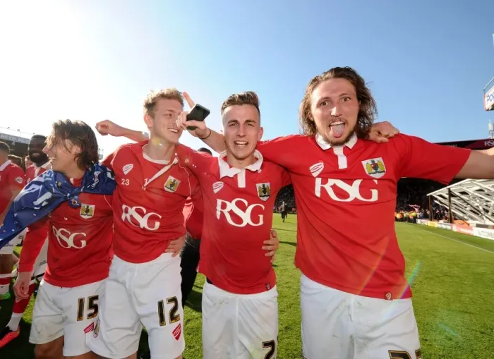 Framed Print : Bristol City Champions: Luke Freeman, George Saville, Joe Bryan, and Luke Ayling in Glory (180415)
