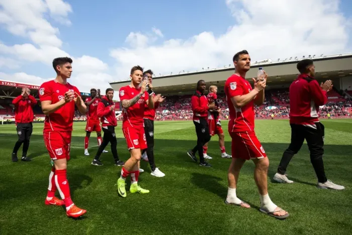 Framed Print : Bristol City Champions: Wright, O'Dowda, and Brownhill Celebrate with Fans at Ashton Gate Stadium Framed Print : Bristol City Champions: Wright, O'Dowda, and Brownhill Celebrate with Fans at Ashton Gate Stadium