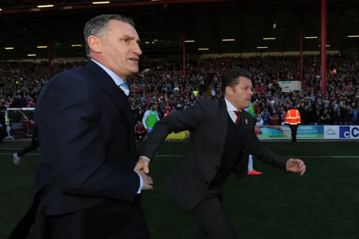 Framed Print : Bristol City Claims League Victory: Cotterill and Mowbray Share a Handshake Amidst Fans Euphoria Framed Print : Bristol City Claims League Victory: Cotterill and Mowbray Share a Handshake Amidst Fans Euphoria