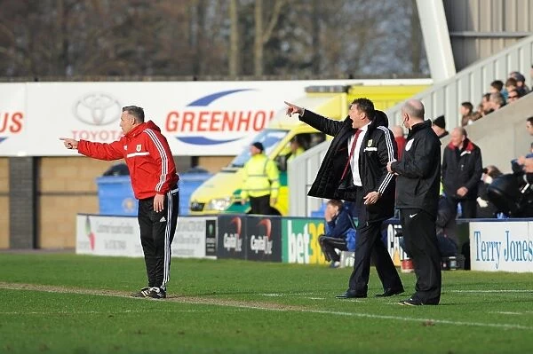 Bristol City Coaches Steve Cotterill and John Pemberton Give Instructions from the Sideline during Shrewsbury Town vs. Bristol City Match, Sky Bet League One