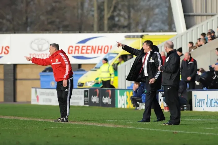 Framed Print : Bristol City Coaches Steve Cotterill and John Pemberton Give Instructions from the Sideline during Shrewsbury Town vs. Bristol City Match, Sky Bet League One Framed Print : Bristol City Coaches Steve Cotterill and John Pemberton Give Instructions from the Sideline during Shrewsbury Town vs. Bristol City Match, Sky Bet League One