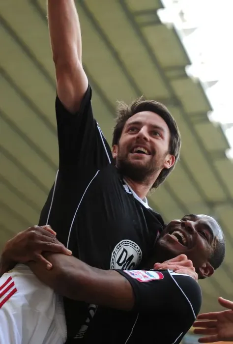 Framed Print : Bristol City: Cole Skuse and Marvin Elliott Celebrate Historic Second Goal vs. Derby County in Championship Match (April 30, 2011) Framed Print : Bristol City: Cole Skuse and Marvin Elliott Celebrate Historic Second Goal vs. Derby County in Championship Match (April 30, 2011)