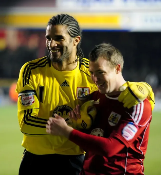 Framed Print : Bristol City: David James and David Clarkson Celebrate Goal Against Cardiff City (01.01.2011)
