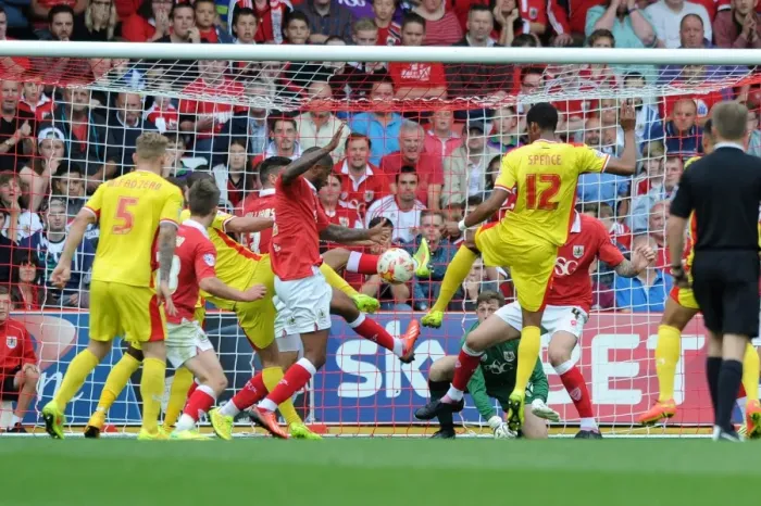 Framed Print : Bristol City Defender Mark Little Clears Goal-Line Scramble vs MK Dons, Sky Bet League One, 2014