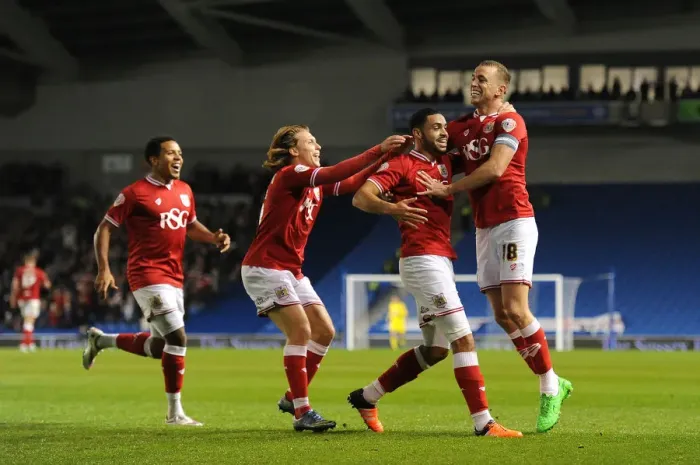 Framed Print : Bristol City: Derrick Williams, Wilbraham, and Freeman Celebrate Stunner Goal vs. Brighton, 2015