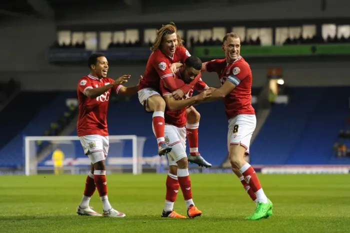Framed Print : Bristol City: Derrick Williams Scores and Celebrates with Team Mates at Brighton's American Express Community Stadium, 2015 Framed Print : Bristol City: Derrick Williams Scores and Celebrates with Team Mates at Brighton's American Express Community Stadium, 2015