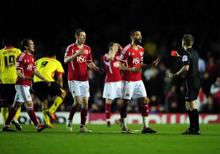 Framed Print : Bristol City in Disbelief: Liam Fontaine Receives Straight Red vs. Watford (2012)
