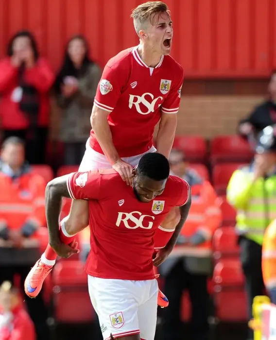 Framed Print : Bristol City: Emmanuel-Thomas and Bryan's Jubilant Moment after Winning against Walsall Framed Print : Bristol City: Emmanuel-Thomas and Bryan's Jubilant Moment after Winning against Walsall