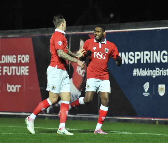 Framed Print : Bristol City: Emmanuel-Thomas and Flint Celebrate FA Cup Goal Against Doncaster Rovers