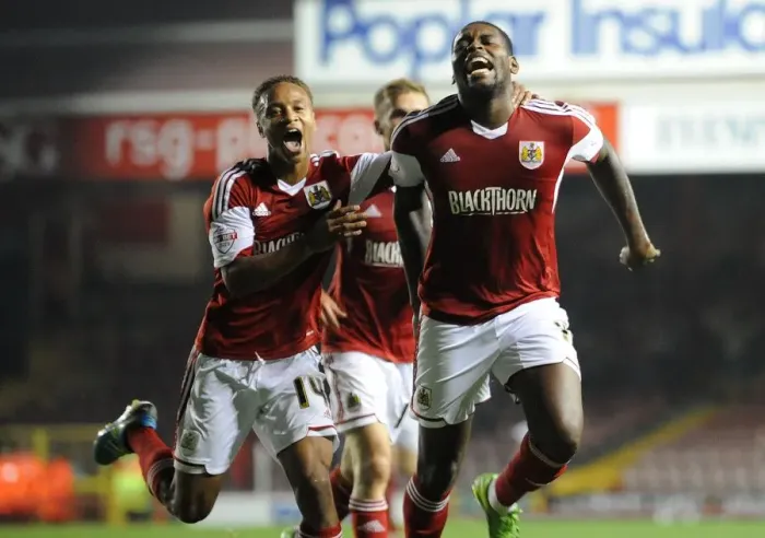 Framed Print : Bristol City: Emmanuel-Thomas and Reid's Unforgettable Goal Celebration vs Crystal Palace (2013) Framed Print : Bristol City: Emmanuel-Thomas and Reid's Unforgettable Goal Celebration vs Crystal Palace (2013)
