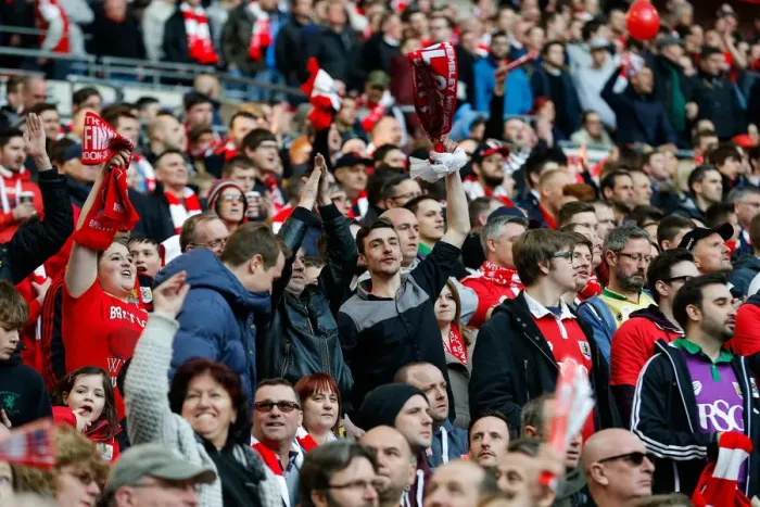 Framed Print : Bristol City Fans Celebrate 2-0 Lead with the Iconic Bristol Wave at Wembley Stadium, 2015