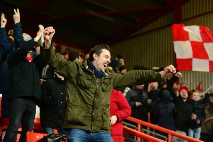 Framed Print : Bristol City Fans Celebrate at Ashton Gate during Sky Bet Championship Match against Huddersfield Town Framed Print : Bristol City Fans Celebrate at Ashton Gate during Sky Bet Championship Match against Huddersfield Town