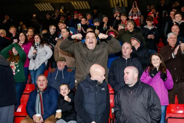Framed Print : Bristol City Fans Celebrate at Crewe Alexandra's Stadium during Sky Bet League 1 Match, 2014 Framed Print : Bristol City Fans Celebrate at Crewe Alexandra's Stadium during Sky Bet League 1 Match, 2014