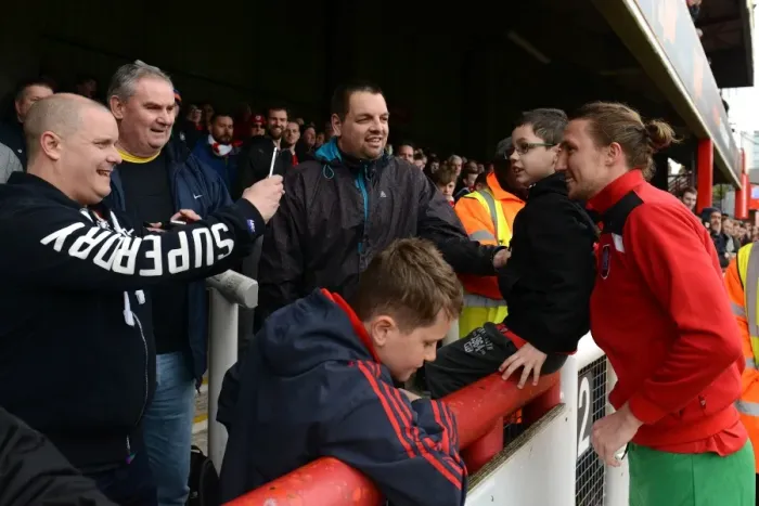 Framed Print : Bristol City Fans Celebrate with Luke Ayling after Brentford Match, 16th April 2016
