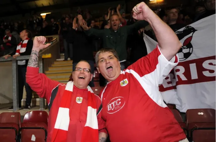 Framed Print : Bristol City Fans Celebrate Promotion-Winning Moment at Bradford City (140415) Framed Print : Bristol City Fans Celebrate Promotion-Winning Moment at Bradford City (140415)