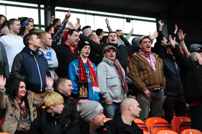 Framed Print : Bristol City Fans Cheering at Bloomfield Road during Npower Championship Match against Blackpool (2013)