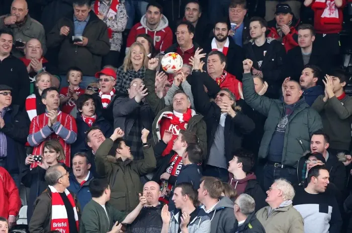Framed Print : Bristol City Fans Cheering at Craven Cottage during Fulham vs. Bristol City Championship Match, March 2016