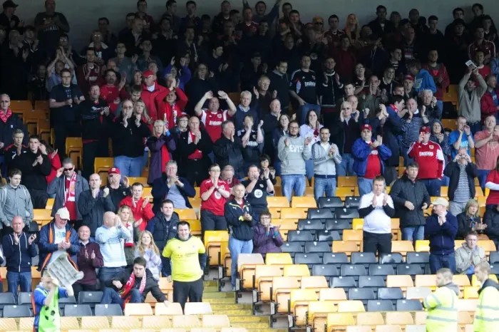 Framed Print : Bristol City Fans Cheering at Vale Park during Sky Bet League 1 Match, October 2013 Framed Print : Bristol City Fans Cheering at Vale Park during Sky Bet League 1 Match, October 2013