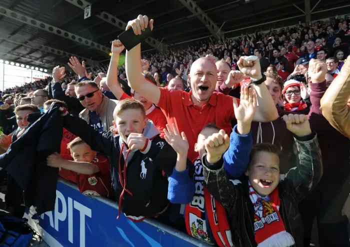 Framed Print : Bristol City Fans Euphoric Celebration at Chesterfield's Proact Stadium, 2015 - Sky Bet League One