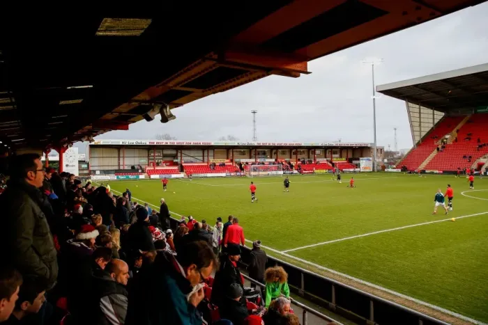 Framed Print : Bristol City Fans Gather in the Away Stand to Watch Warm-Up at Crewe Alexandra's Alexandra Stadium, 2014 Framed Print : Bristol City Fans Gather in the Away Stand to Watch Warm-Up at Crewe Alexandra's Alexandra Stadium, 2014