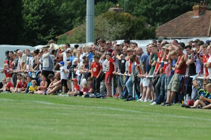 Framed Print : Bristol City Fans Gathered at Portishead's The Playing Fields for Pre-Season Match Framed Print : Bristol City Fans Gathered at Portishead's The Playing Fields for Pre-Season Match