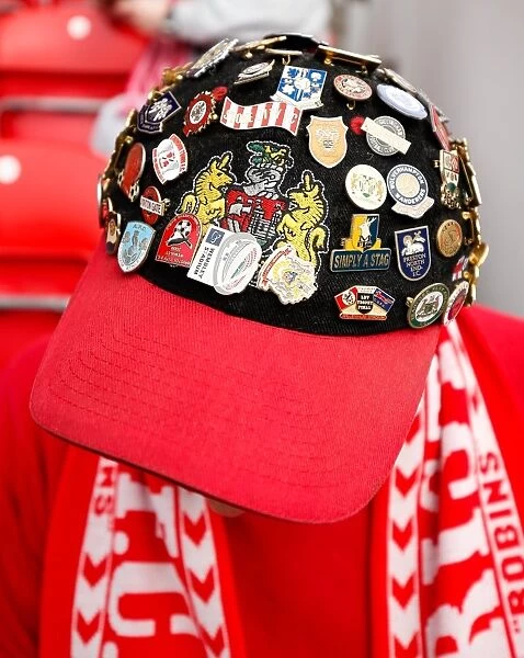 Bristol City Fan's Hat Embellished with Pin Badges at Fleetwood Town Match, 2014
