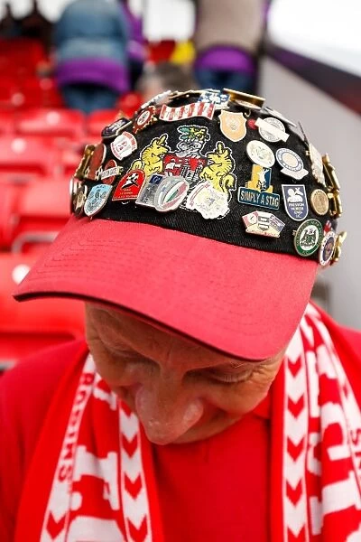 Bristol City Fan's Hat of Pin Badges at Fleetwood Town Match, 2014