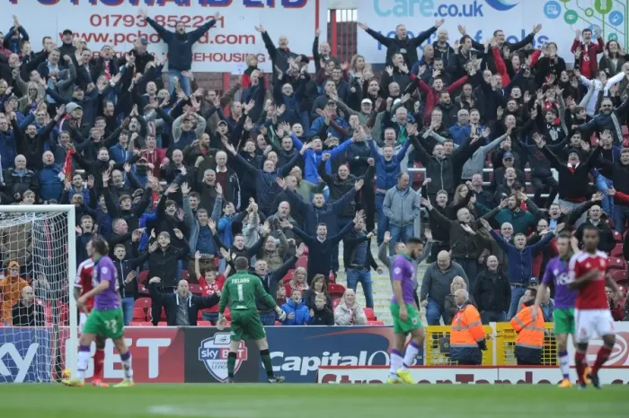 Framed Print : Bristol City Fans Mocking a Miss at Swindon Town's County Ground, 15th November 2014 Framed Print : Bristol City Fans Mocking a Miss at Swindon Town's County Ground, 15th November 2014