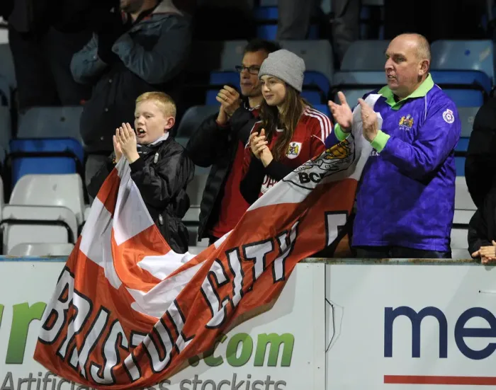 Framed Print : Bristol City Fans at Priestfield Stadium during FA Cup Match against Gillingham, November 2014 Framed Print : Bristol City Fans at Priestfield Stadium during FA Cup Match against Gillingham, November 2014