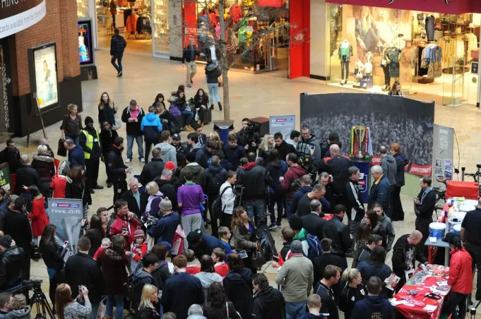 Framed Print : Bristol City Fans Rally at Cabot Circus for Johnstones Paint Trophy Match Framed Print : Bristol City Fans Rally at Cabot Circus for Johnstones Paint Trophy Match