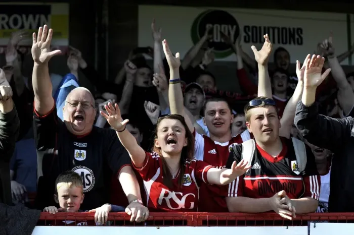 Framed Print : Bristol City Fans Rejoice in Promotion and Rival's Relegation at Crawley Town Match, May 2014