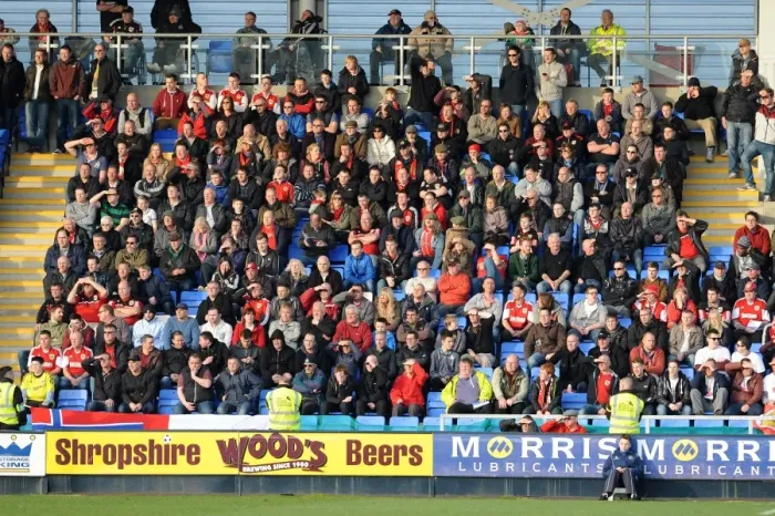 Framed Print : Bristol City Fans at Shrewsbury Town's New Meadow during Sky Bet League One Match, March 2014 Framed Print : Bristol City Fans at Shrewsbury Town's New Meadow during Sky Bet League One Match, March 2014
