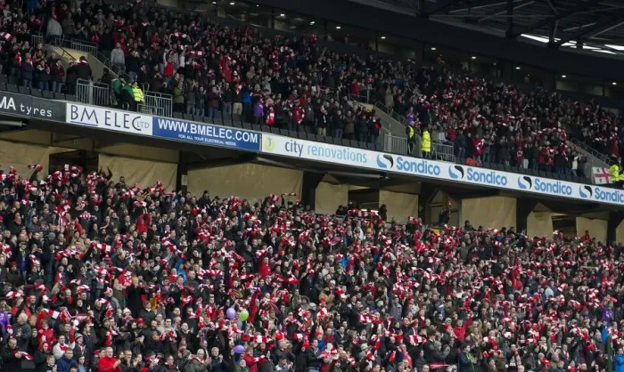 Framed Print : Bristol City Fans Wave Scarves at MK Dons Match, February 2015