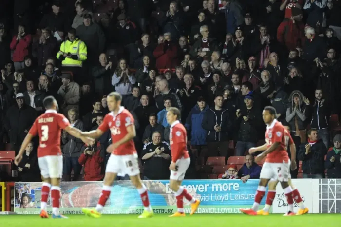 Framed Print : Bristol City Fans Go Wild: Aaron Wilbraham Scores the Winning Goal Against AFC Wimbledon at Ashton Gate Framed Print : Bristol City Fans Go Wild: Aaron Wilbraham Scores the Winning Goal Against AFC Wimbledon at Ashton Gate