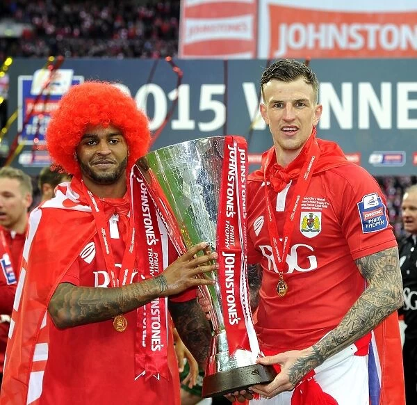 Bristol City FC Celebrates Johnstone's Paint Trophy Victory: Mark Little and Aden Flint Hold the Trophy at Wembley Stadium (Bristol City v Walsall, 2015)