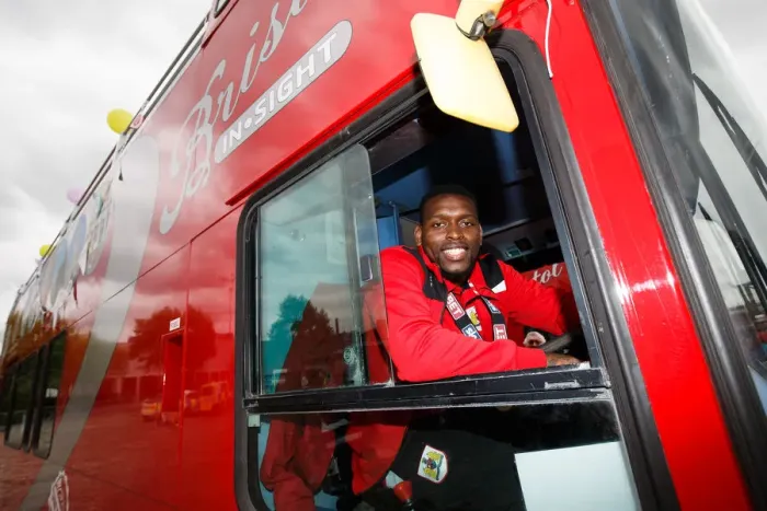 Framed Print : Bristol City FC: Champions Bus Parade - Jay Emmanuel-Thomas at the Helm Framed Print : Bristol City FC: Champions Bus Parade - Jay Emmanuel-Thomas at the Helm