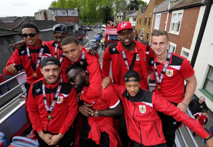 Framed Print : Bristol City FC Champions: Celebrating Promotion on Open Top Bus Tour (May 2015)
