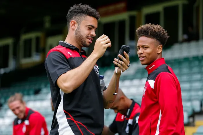 Framed Print : Bristol City FC: Derrick Williams and Bobby Reid Watch on during Pre-Season Friendly at Huish Park Framed Print : Bristol City FC: Derrick Williams and Bobby Reid Watch on during Pre-Season Friendly at Huish Park